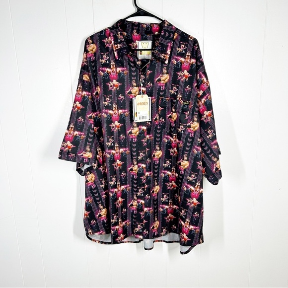NWT WWE x RSVLTS Allover The Hitman Bret Hart Black Short Sleeve Button Down 4XL - Picture 1 of 9